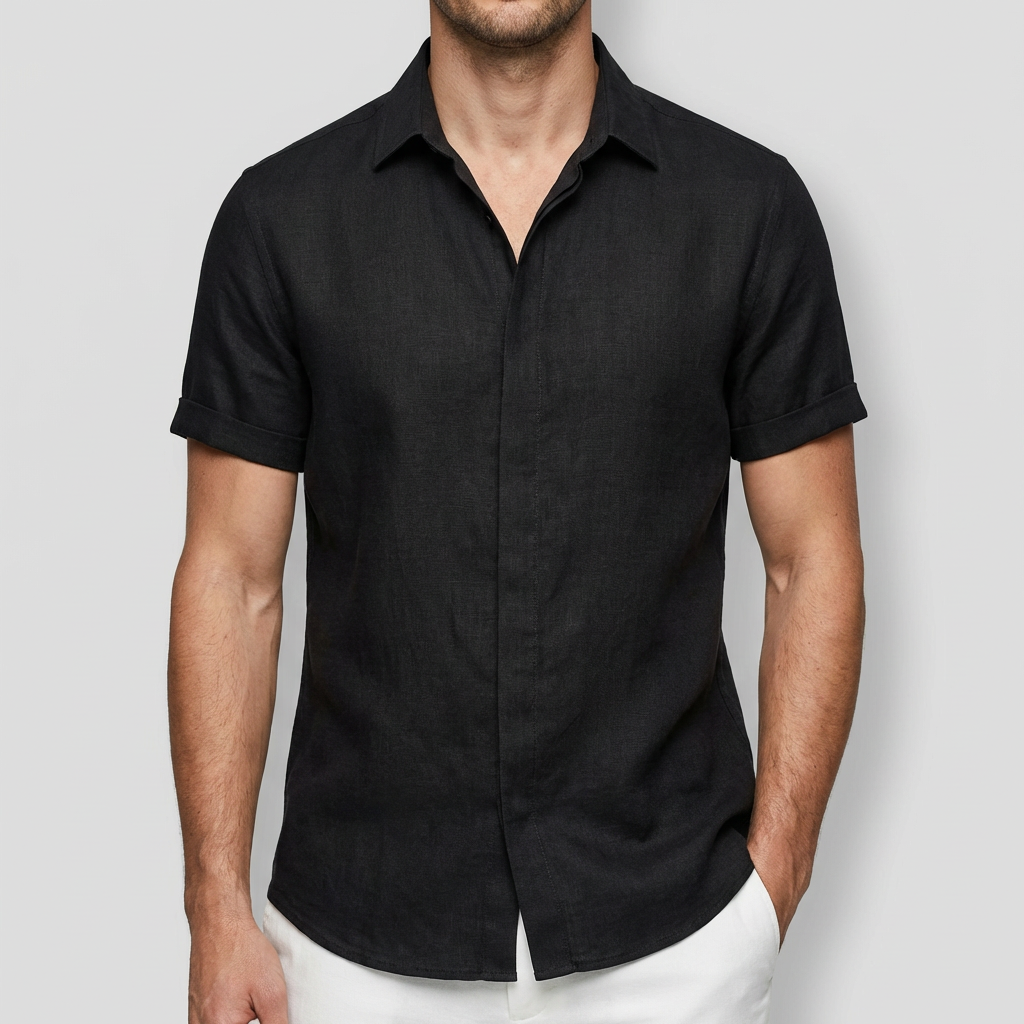 Vauje | Lino traspirante, collo aperto, maniche corte, camicia estiva uomo