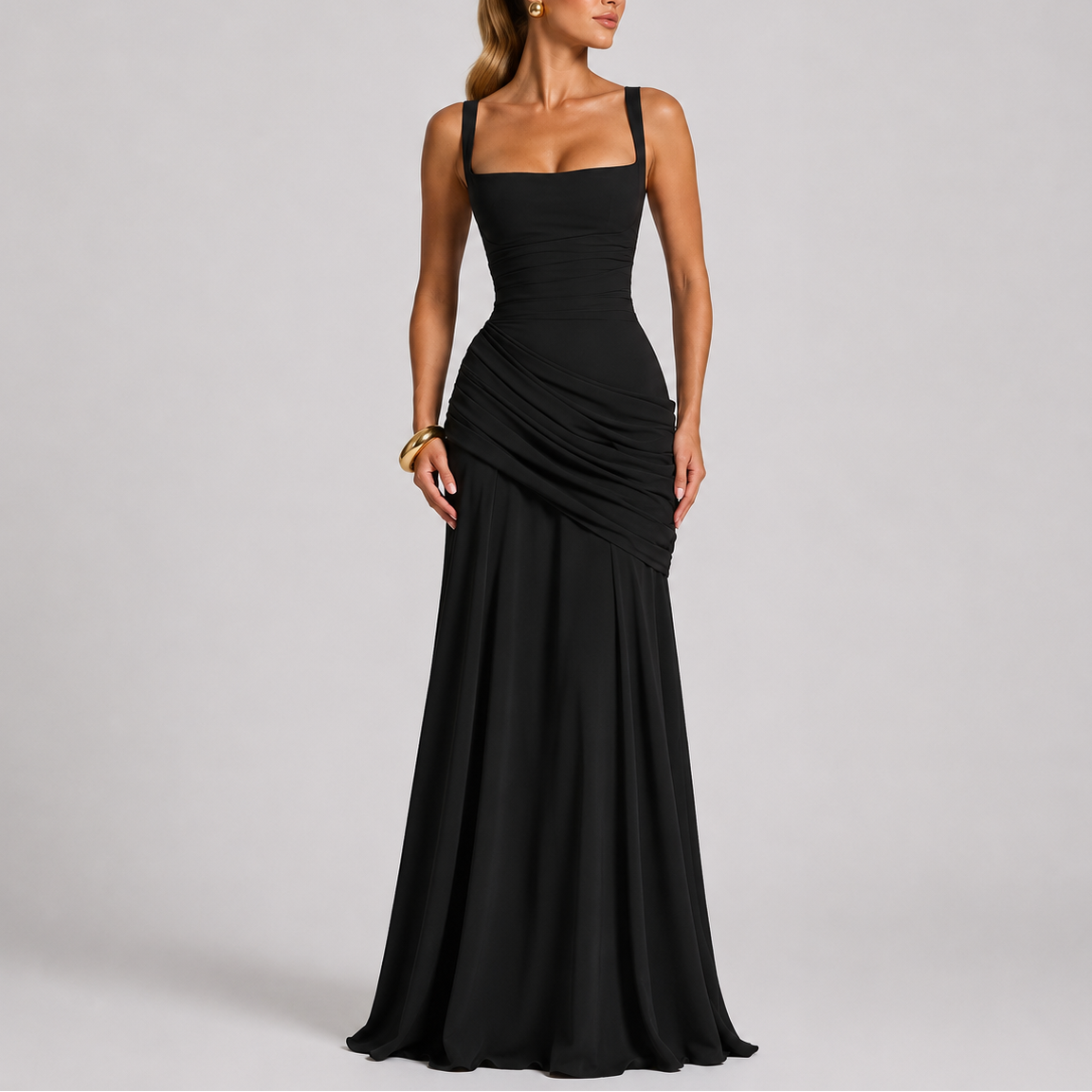 Abito da sera lungo da donna a sirena con scollo quadrato e vita drappeggiata, elegante per cerimonia e matrimonio - foto 6
