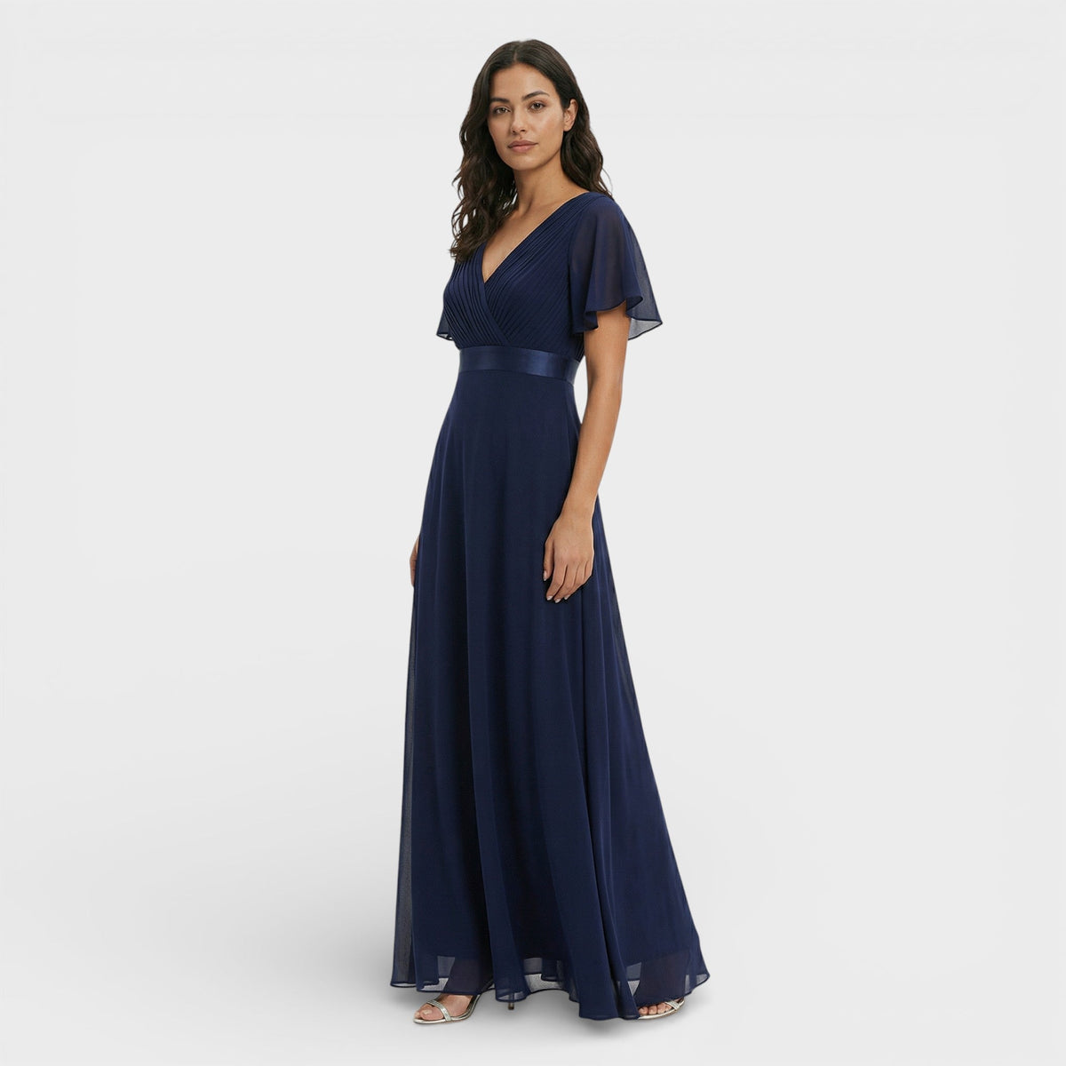 Abito lungo da cerimonia donna con scollo a V e maniche a sbuffo, per matrimonio e gala - Blu scuro