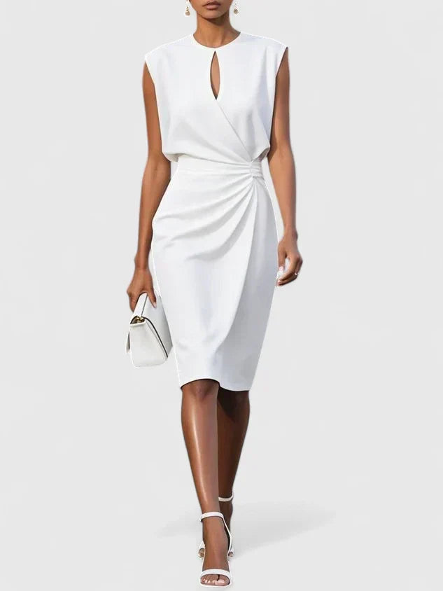 Abito midi a portafoglio senza maniche con vita drappeggiata, elegante da cerimonia e cocktail - Bianco