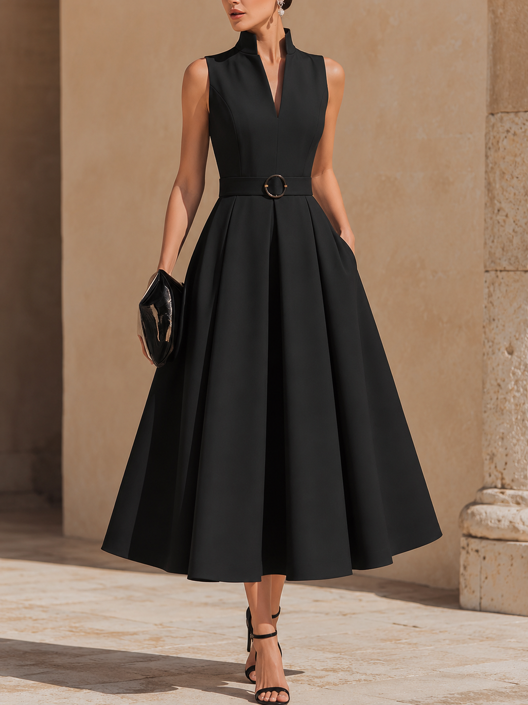 Abito midi elegante da donna senza maniche, da cerimonia, matrimonio e sera - abito da cocktail svasato con cintura - view 1