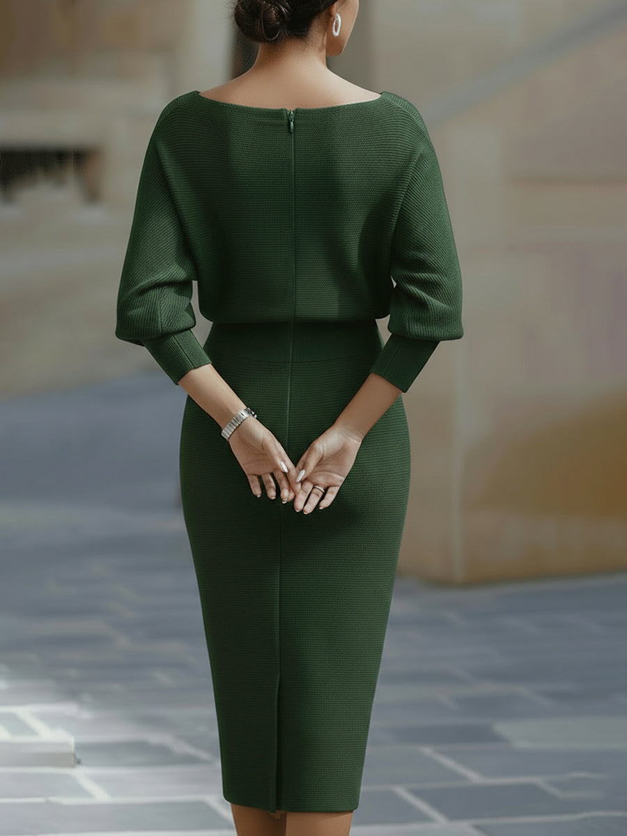 Abito midi in maglia da donna a maniche lunghe, aderente con scollo drappeggiato, elegante da cocktail e da sera - foto 8