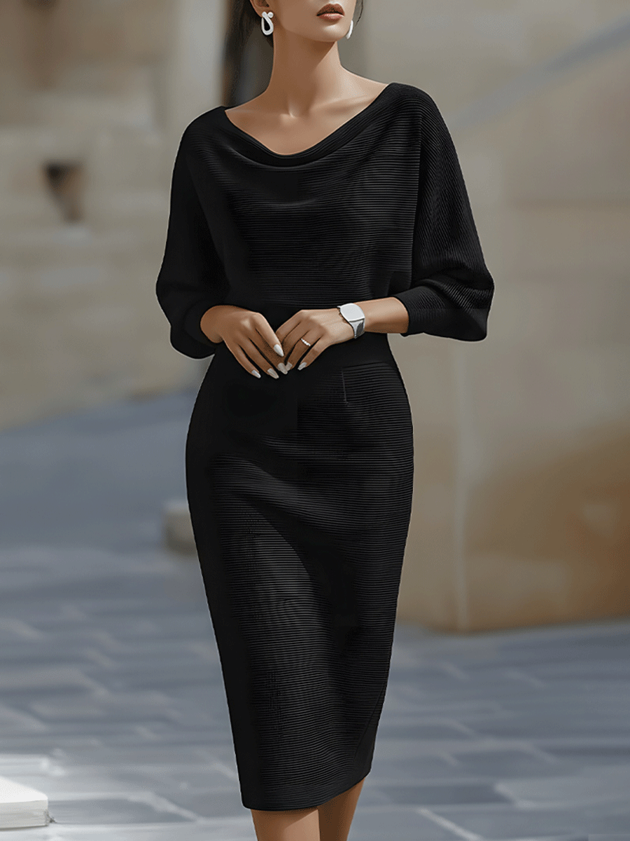 Abito midi in maglia da donna a maniche lunghe, aderente con scollo drappeggiato, elegante da cocktail e da sera - Nero