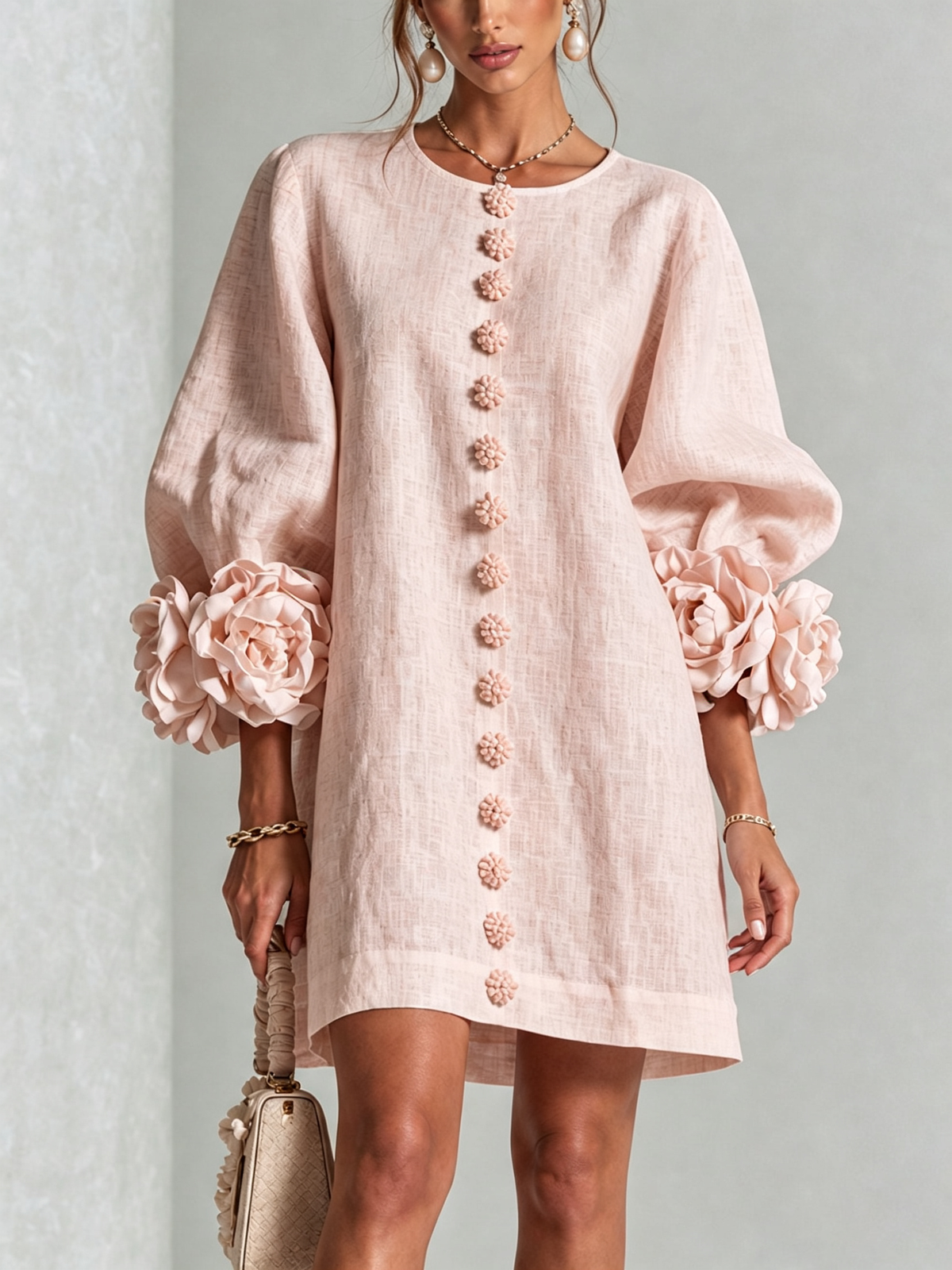 Abito mini da donna in misto lino a manica lunga con maniche a sbuffo, casual ed estivo - Rosa