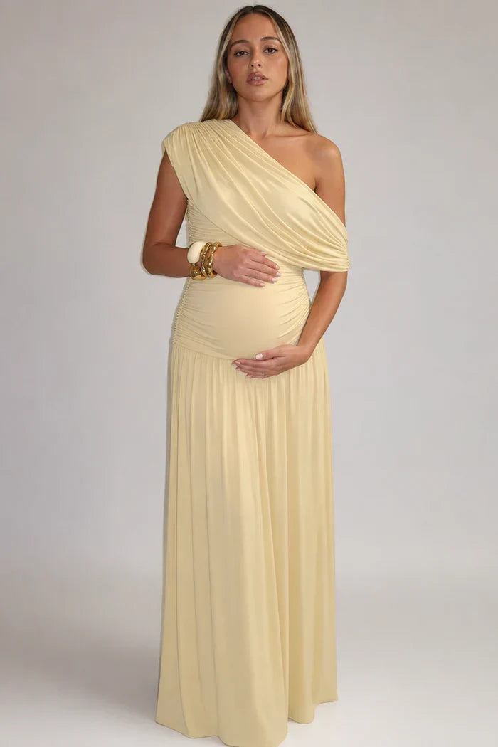 Abito premaman lungo monospalla, drappeggiato ed elegante, per cerimonia, matrimonio e battesimo - Giallo