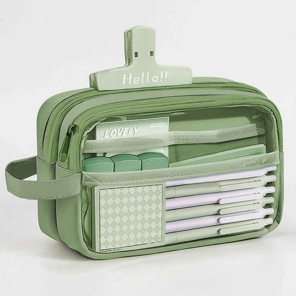 Astuccio grande multiscomparto con finestra trasparente, capiente portapenne per scuola, università e ufficio - Verde