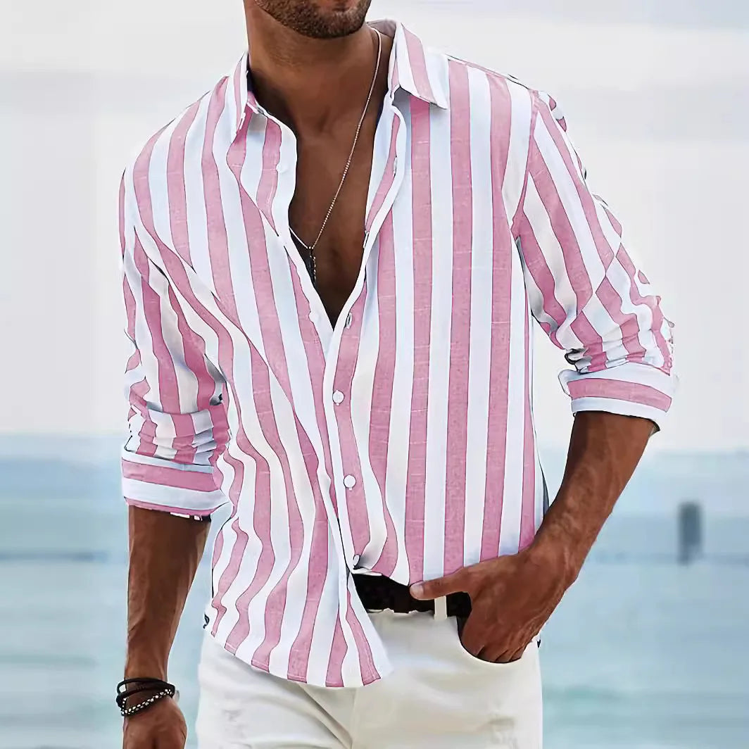 Camicia a righe da uomo in lino e cotone a manica lunga, estiva da spiaggia e vacanza - foto 7