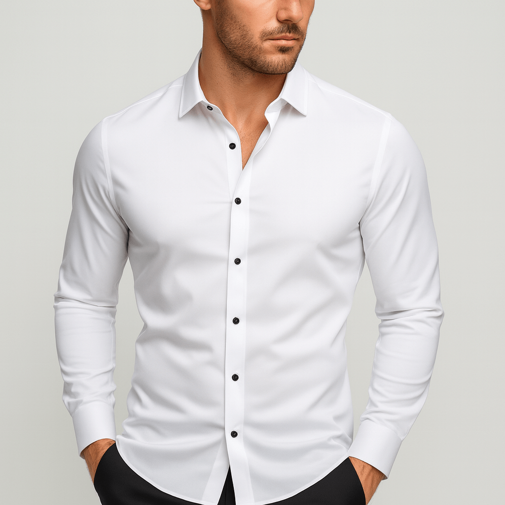 Camicia da uomo elasticizzata no stiro a manica lunga, elegante da lavoro e per tutti i giorni - Bianco