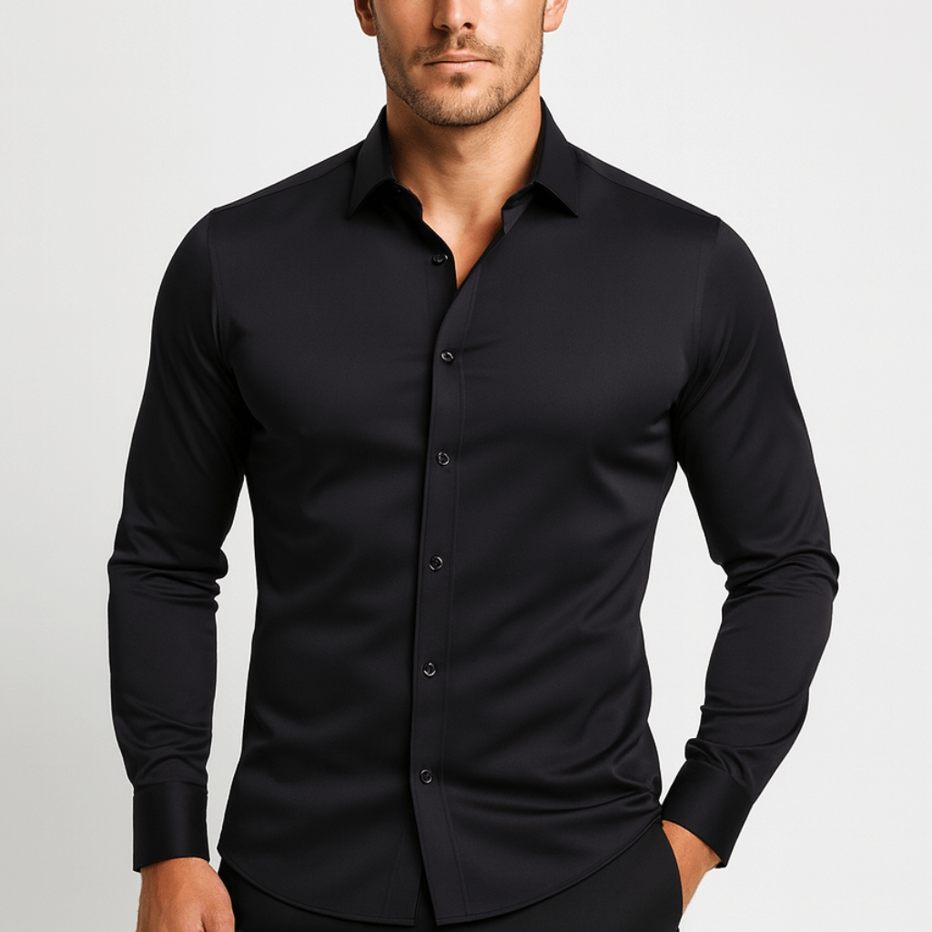Camicia da uomo elasticizzata no stiro a manica lunga, elegante da lavoro e per tutti i giorni - Nero