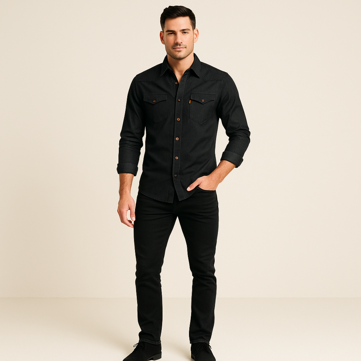 Camicia di jeans da uomo elasticizzata slim fit con tasche e maniche lunghe - foto 5