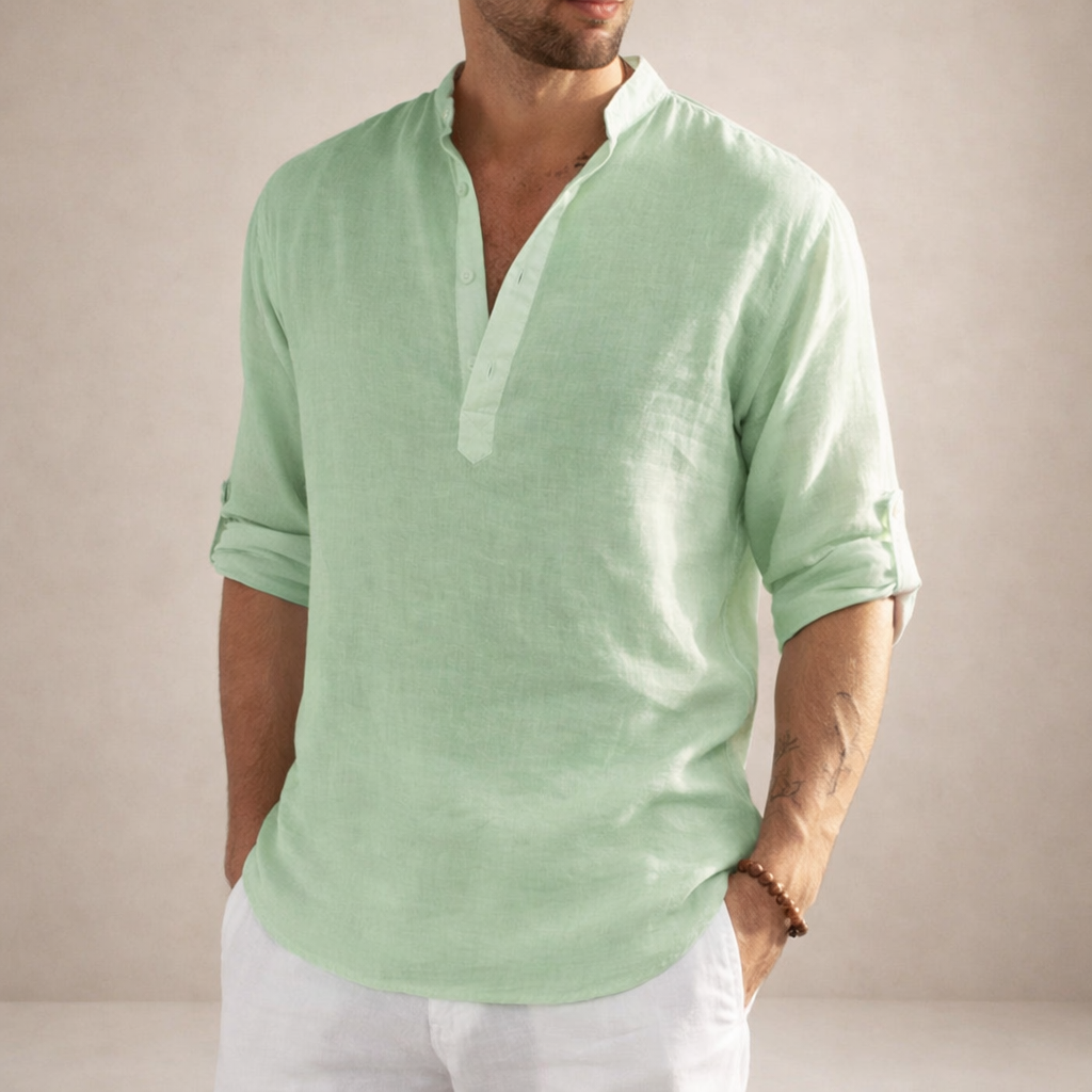 Camicia di lino da uomo con collo alla coreana e maniche arrotolate, casual estiva da spiaggia - Verde chiaro