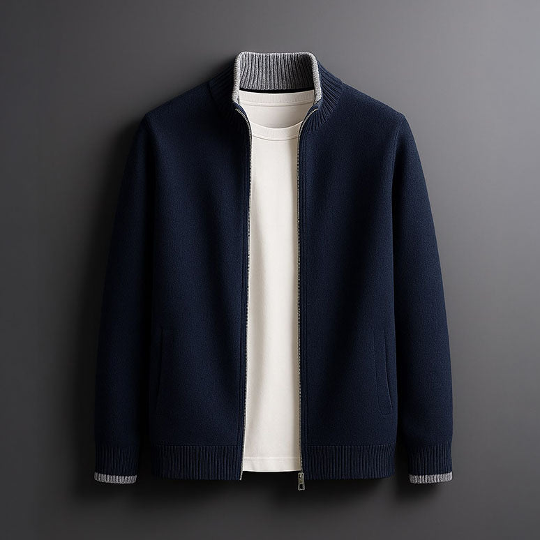 Cardigan da uomo in lana merino con zip e collo alto, per autunno e inverno - Blu