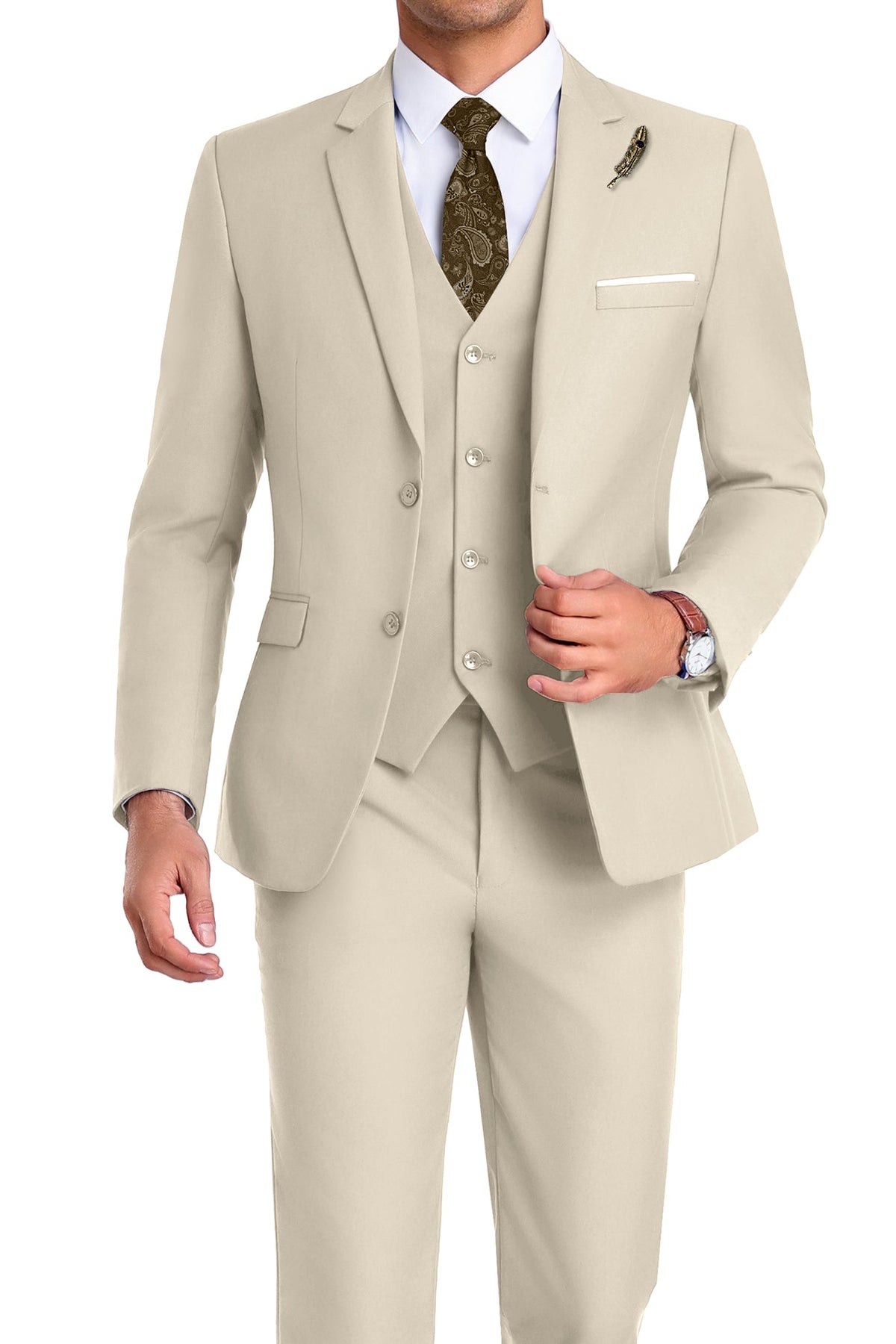Completo uomo elegante 3 pezzi slim fit con gilet, da cerimonia e matrimonio - Beige