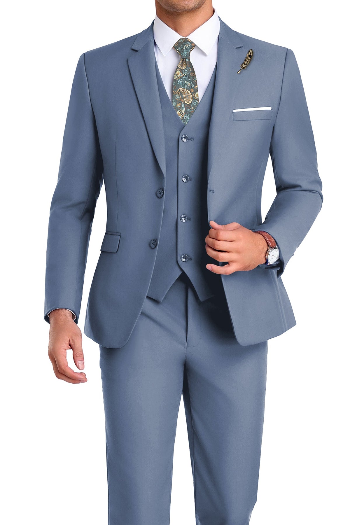 Completo uomo elegante 3 pezzi slim fit con gilet, da cerimonia e matrimonio - Blu denim