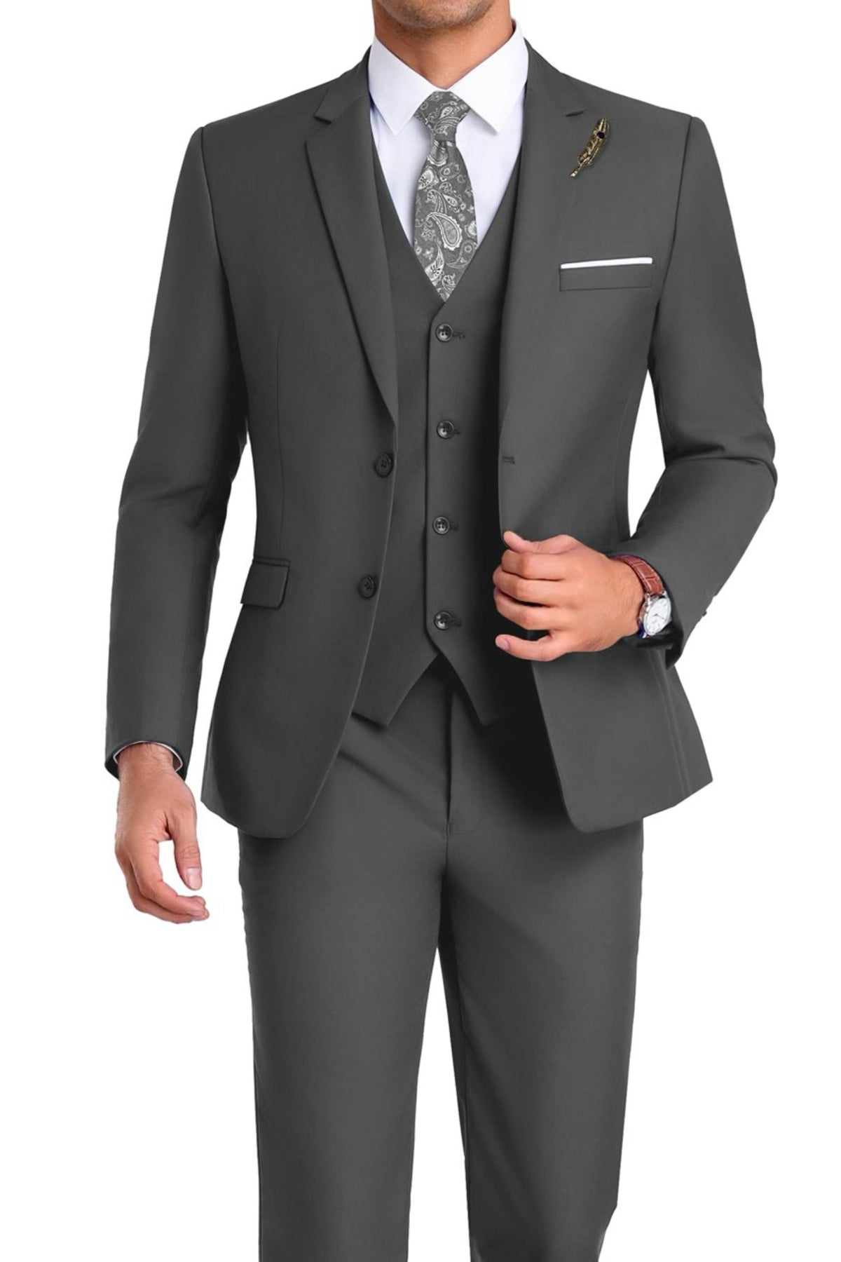 Completo uomo elegante 3 pezzi slim fit con gilet, da cerimonia e matrimonio - Grigio scuro