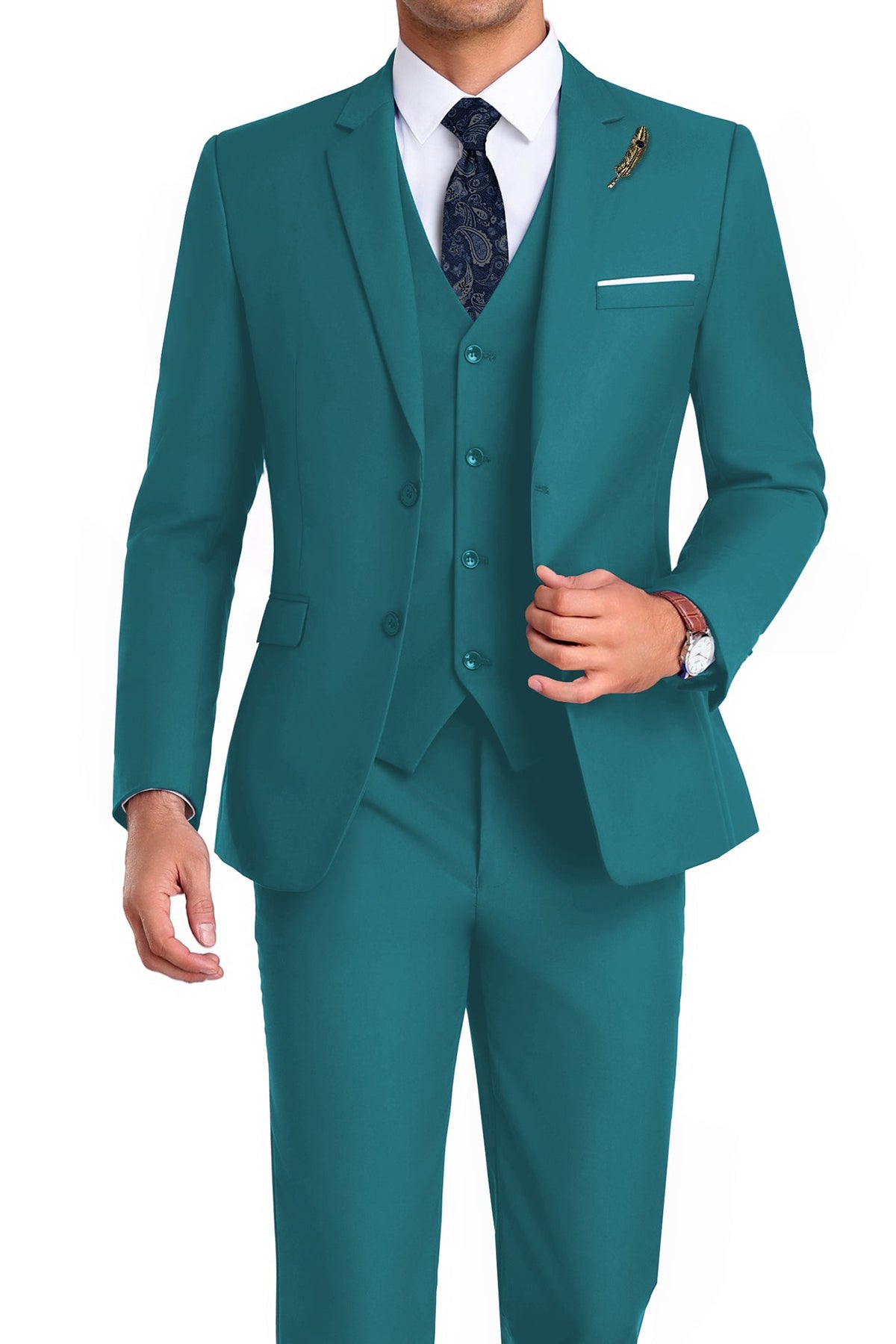 Completo uomo elegante 3 pezzi slim fit con gilet, da cerimonia e matrimonio - Verde