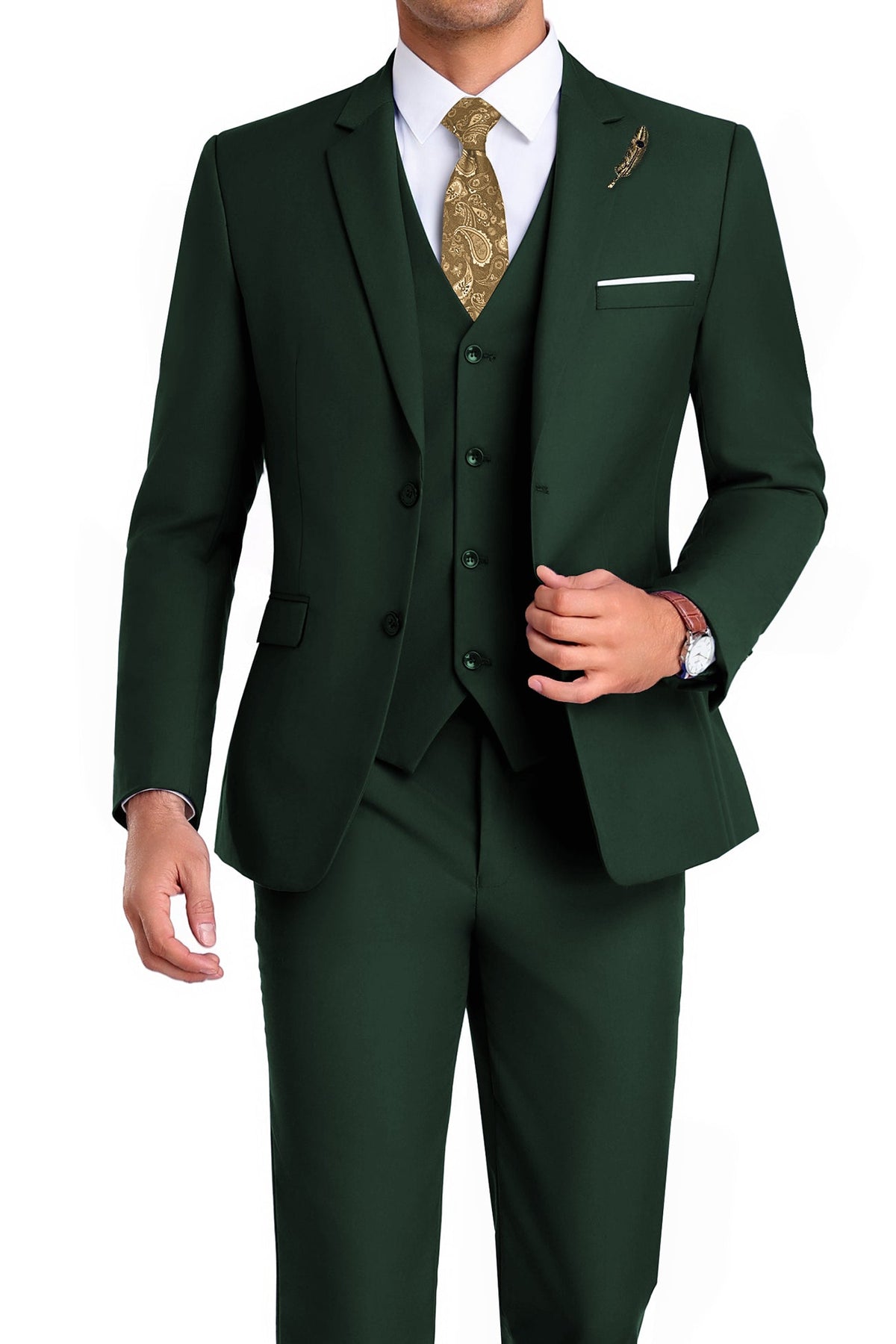 Completo uomo elegante 3 pezzi slim fit con gilet, da cerimonia e matrimonio - Verde scuro