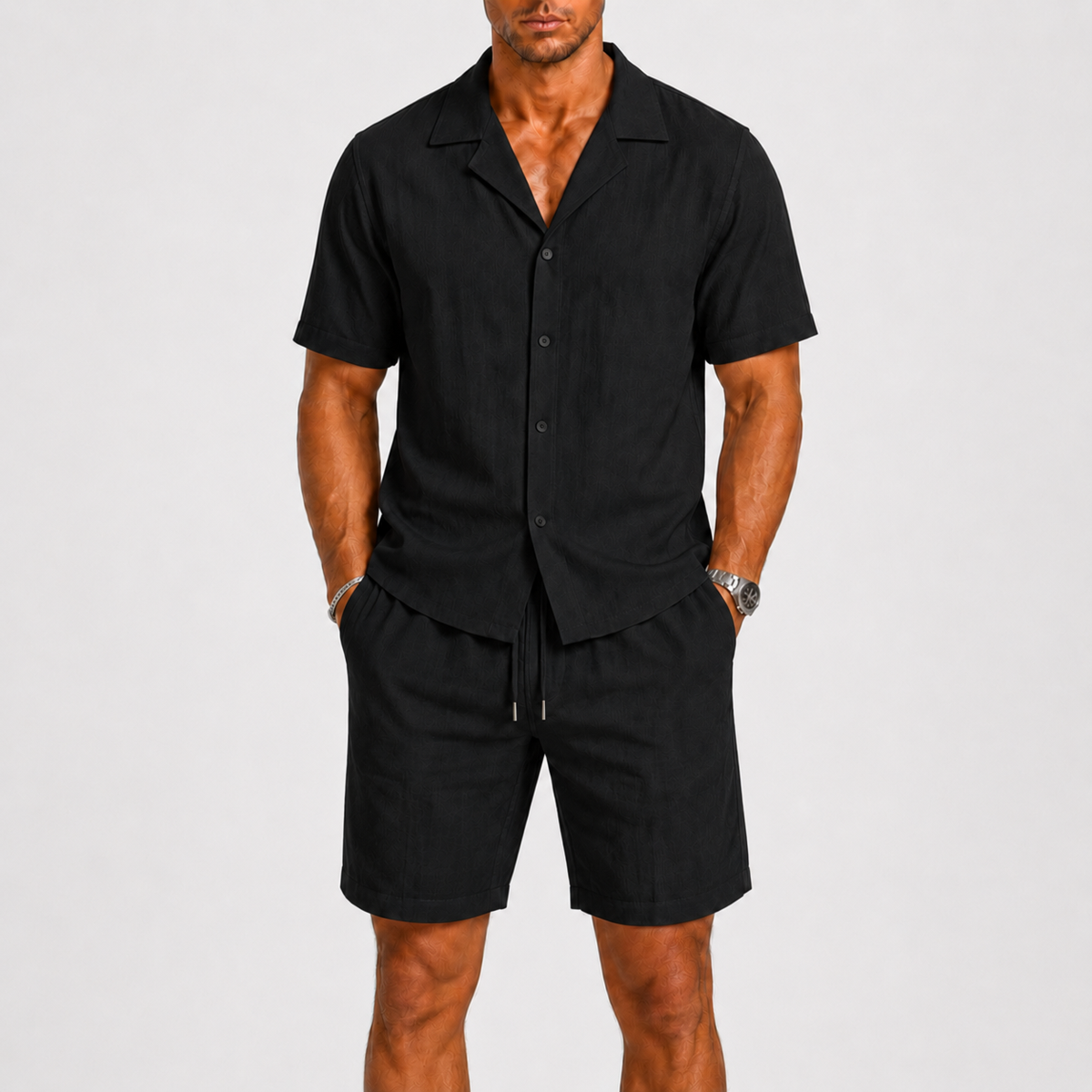 Completo uomo in lino, camicia con collo camp e shorts, estivo e casual per le vacanze - Nero