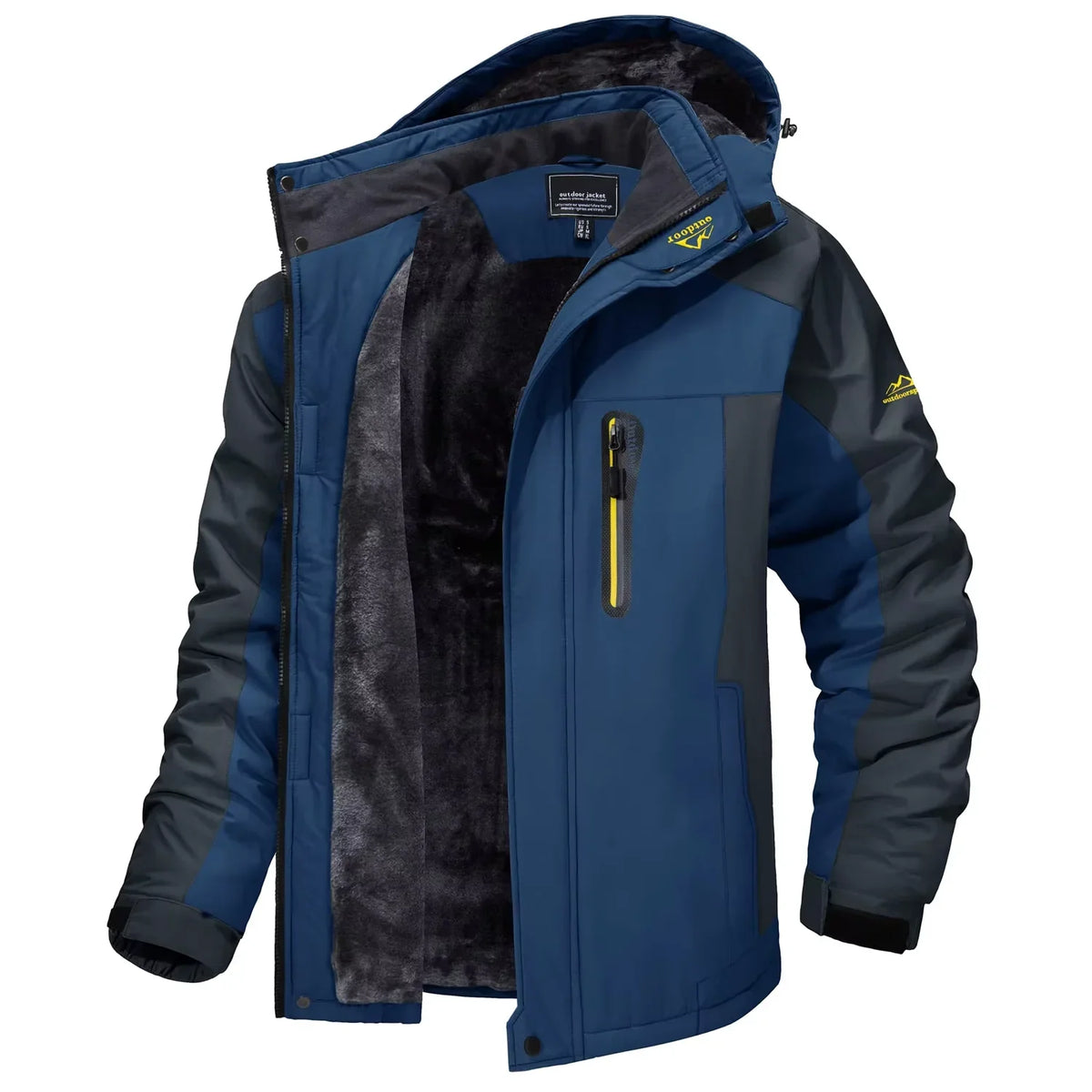 Giacca da sci da uomo foderata in pile e antivento, con cappuccio staccabile, giaccone invernale - Blu denim