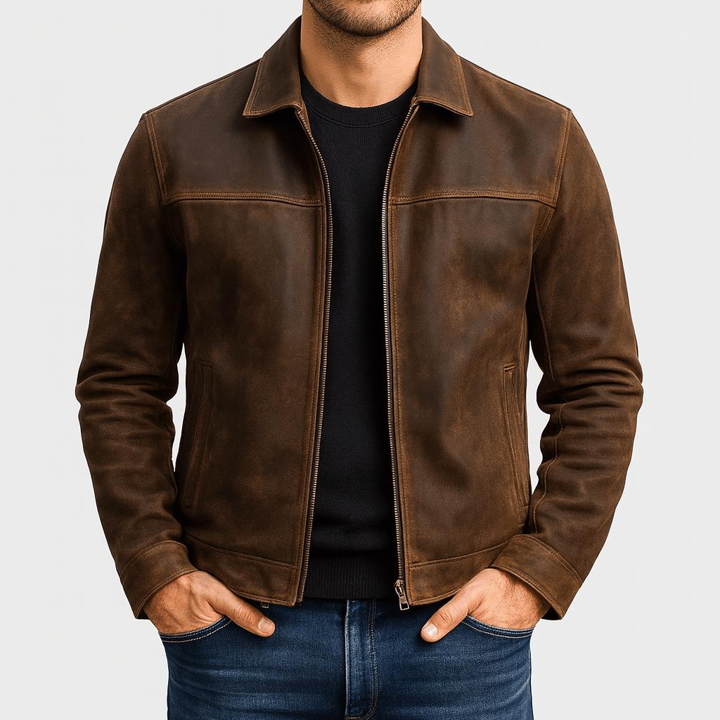 Giacca di pelle da uomo classica con zip e vestibilità comoda - giubbotto in pelle casual ed elegante - Marrone