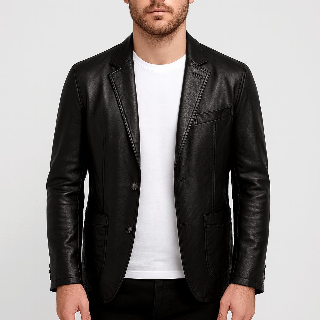 Giacca in pelle da uomo, blazer elegante con collo a revers e due bottoni - capospalla casual - Nero
