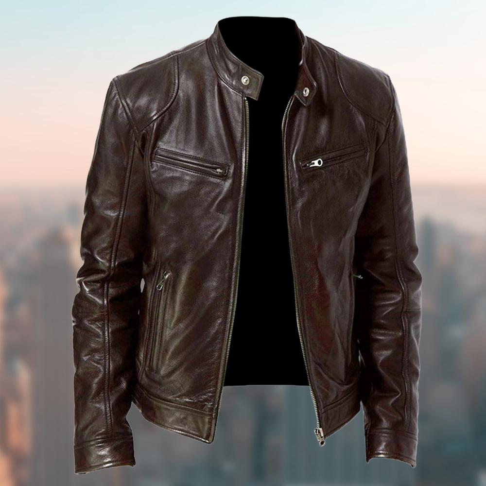 Giacca in pelle da uomo elegante con collo alla coreana, stile biker e casual - giubbotto in pelle - foto 7