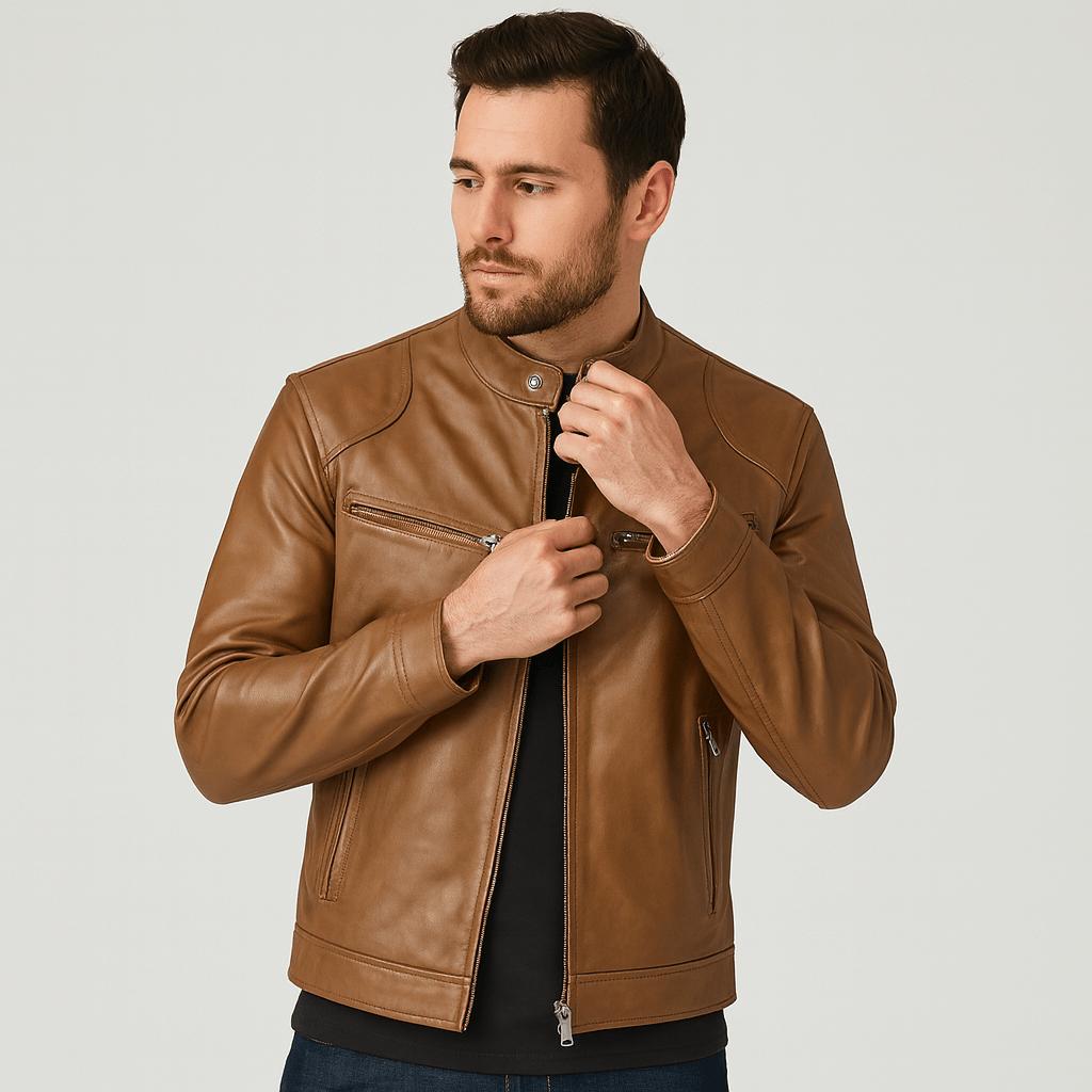 Giacca in pelle da uomo elegante con collo alla coreana, stile biker e casual - giubbotto in pelle - Marrone chiaro