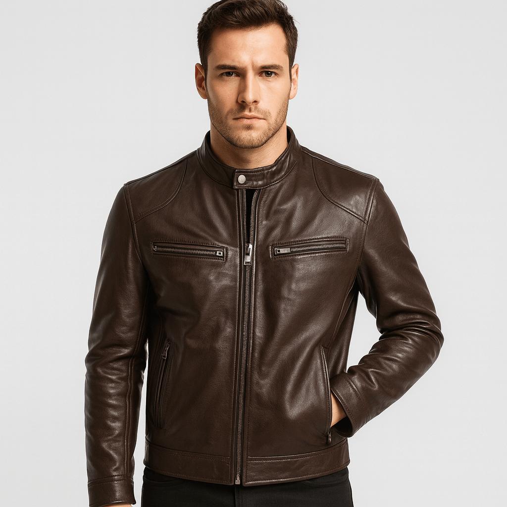 Giacca in pelle da uomo elegante con collo alla coreana, stile biker e casual - giubbotto in pelle - Marrone scuro