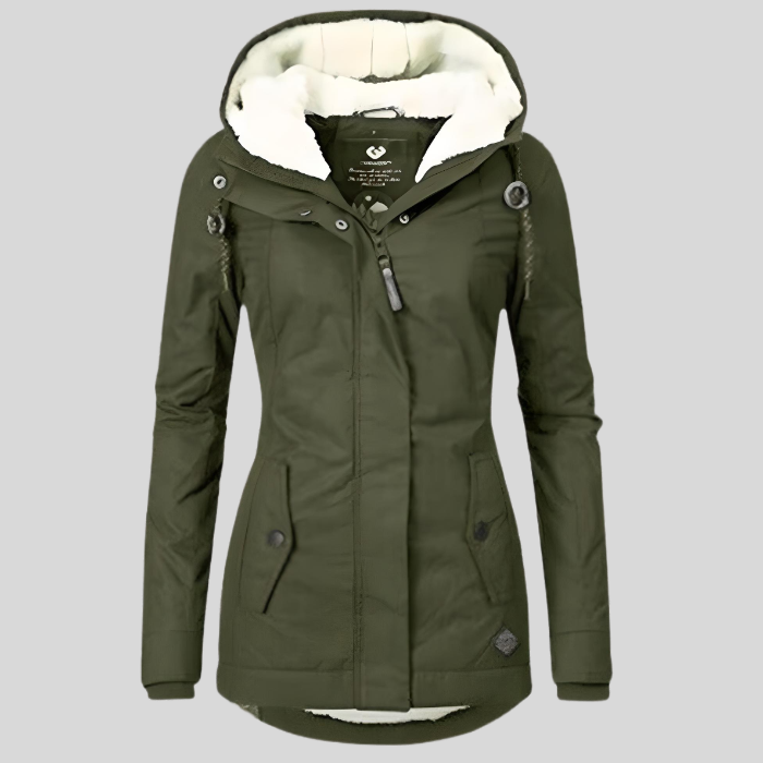 Giacca invernale da donna lunga con cappuccio e fodera calda in pile, casual - Verde militare