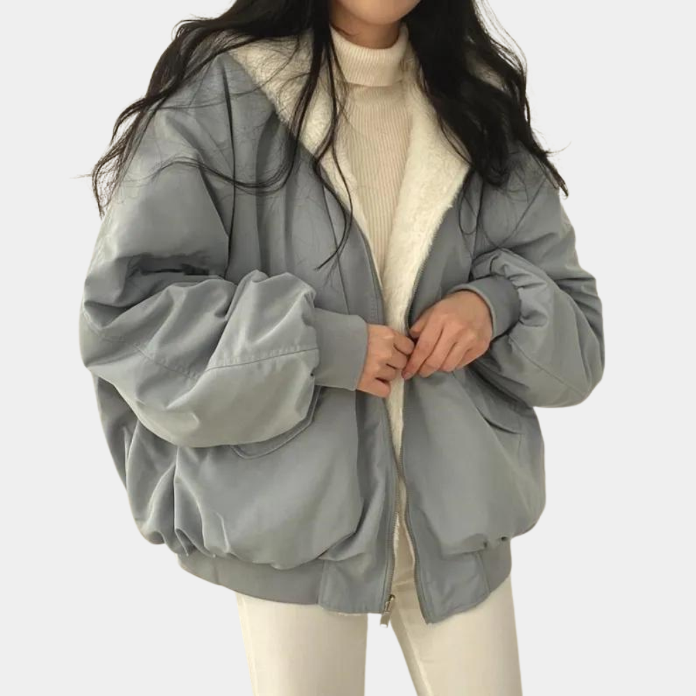 Giacca invernale donna imbottita con cappuccio e pelo, taglio oversize - Grigio