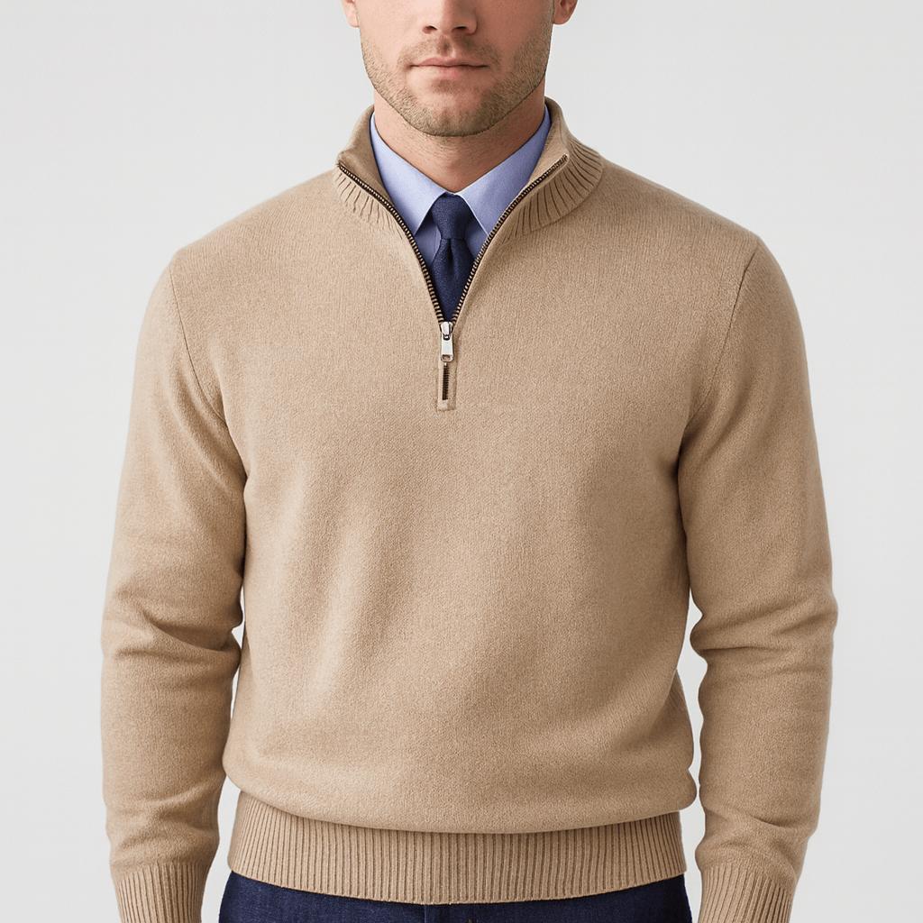 Maglione con zip da uomo a vestibilità comoda, mezza zip, casual da ufficio e tempo libero - Beige