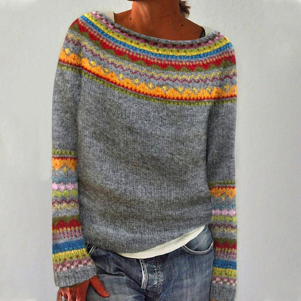 Maglione da donna in maglia con fantasia, girocollo e maniche lunghe, per l'autunno e l'inverno - Grigio Arancione