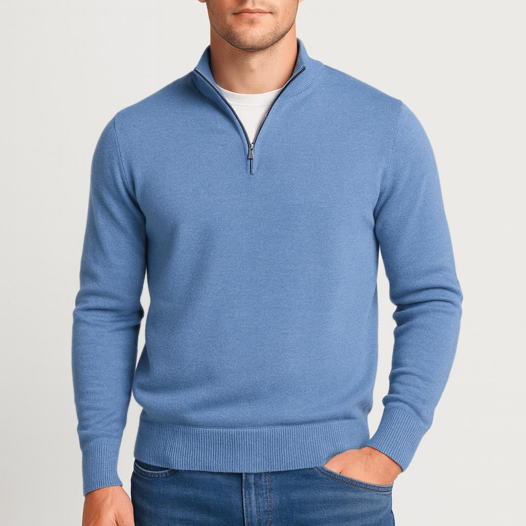 Maglione da uomo in lana merino con mezza zip e collo alto, testurizzato, elegante e casual - Blu