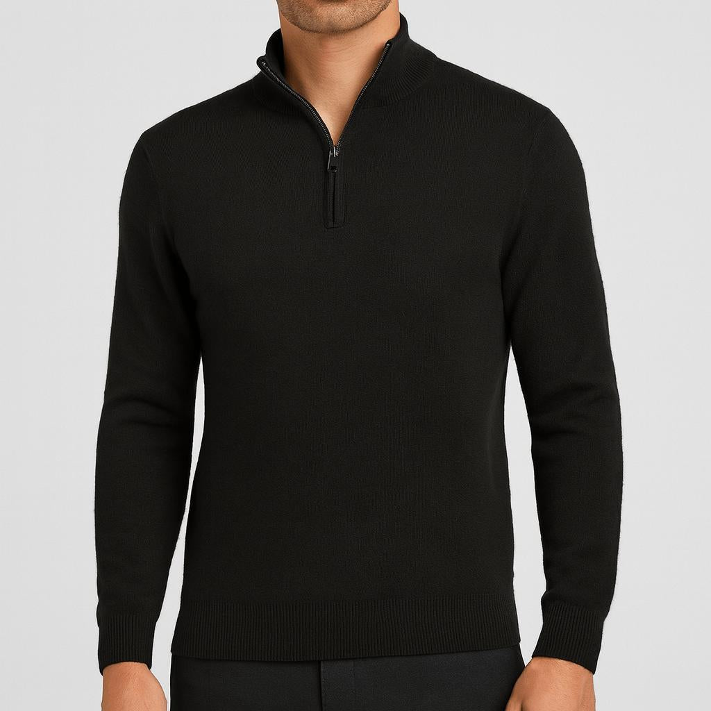 Maglione da uomo in lana merino con mezza zip e collo alto, testurizzato, elegante e casual - Nero