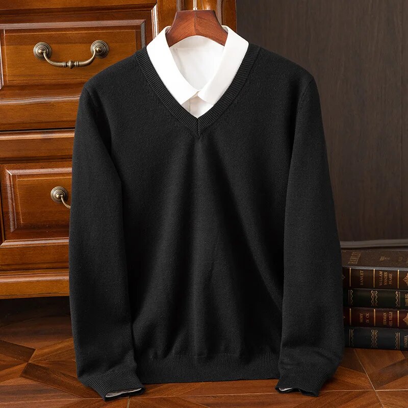 Maglione da uomo in misto cashmere con scollo a V, elegante per l'ufficio e il tempo libero - Nero
