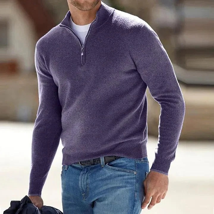 Maglione di cashmere da uomo con mezza zip e collo alto, a manica lunga per l'inverno - Viola
