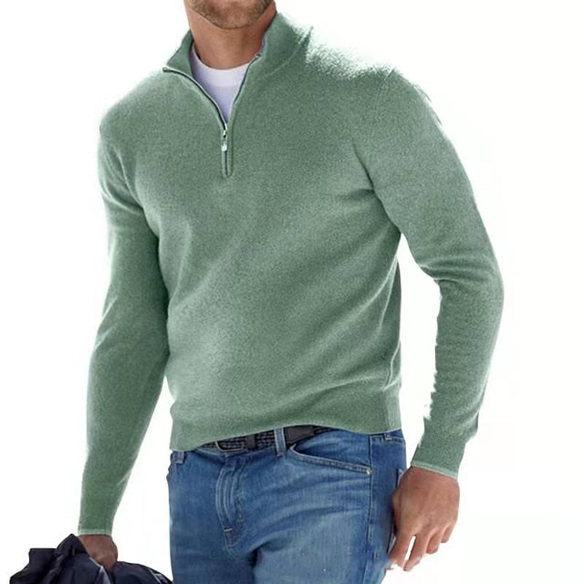 Maglione invernale di lana merino da uomo con mezza zip e collo alto, casual - Verde