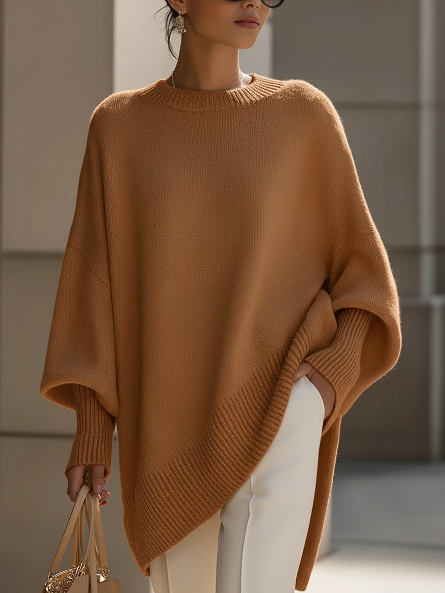 Maglione oversize da donna in misto lana con orlo asimmetrico, ideale per l'autunno e l'inverno - Marrone