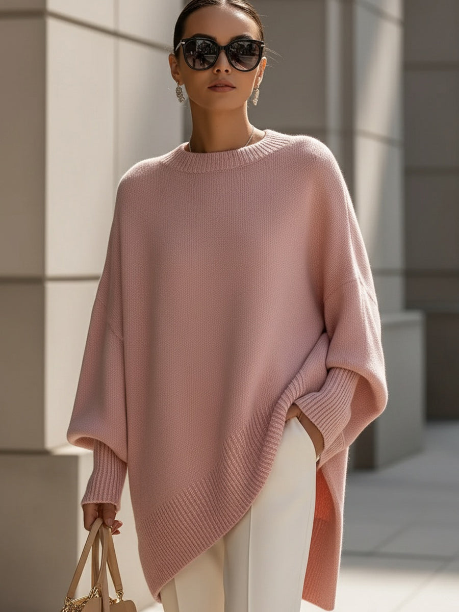 Maglione oversize da donna in misto lana con orlo asimmetrico, ideale per l'autunno e l'inverno - Rosa