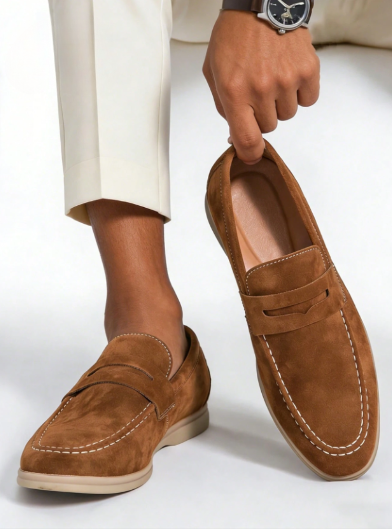 Mocassini da uomo in camoscio, slip on, eleganti da giorno e da cerimonia - Marrone