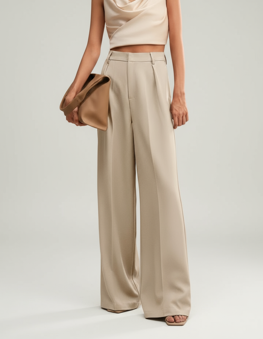 Pantaloni palazzo donna a vita alta, sartoriali ed eleganti, per ufficio e cerimonia - Beige