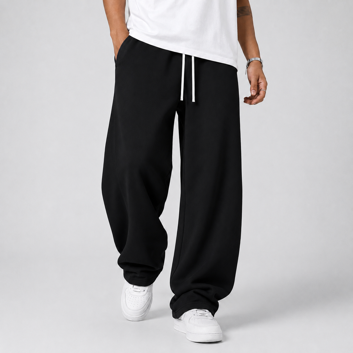 Pantaloni tuta da uomo joggers a gamba larga con coulisse, taglio ampio per tutti i giorni e la palestra - Nero