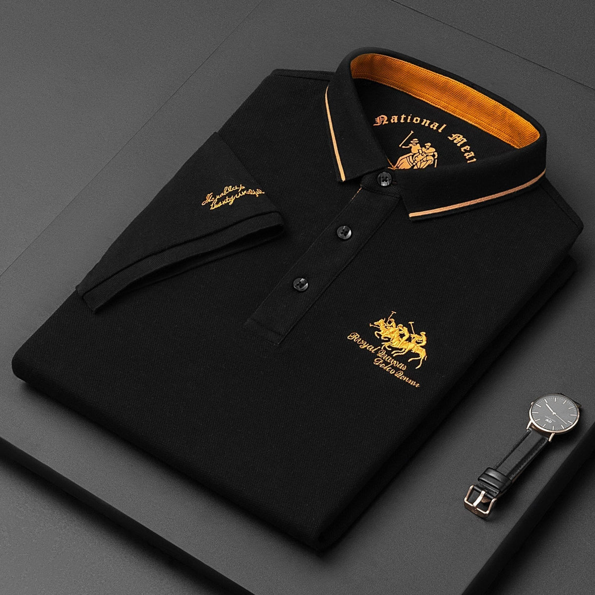 Polo da uomo a manica corta in misto cotone con colletto classico, vestibilità regolare - Nero