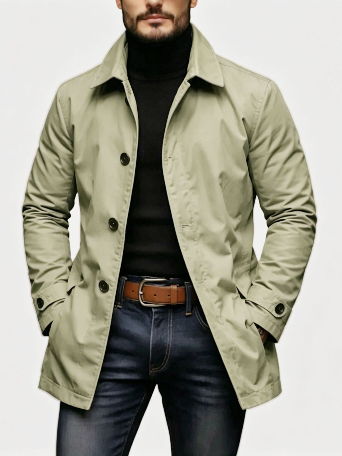 Soprabito da uomo corto e monopetto con collo classico, elegante per la primavera e l'ufficio - Kaki