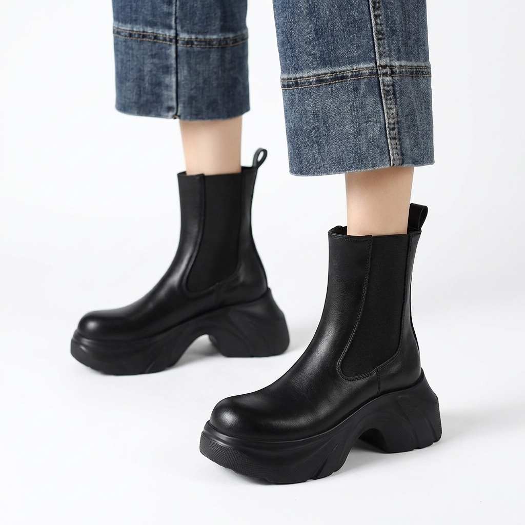 Stivaletti chelsea da donna con plateau in similpelle, per autunno e inverno - Nero