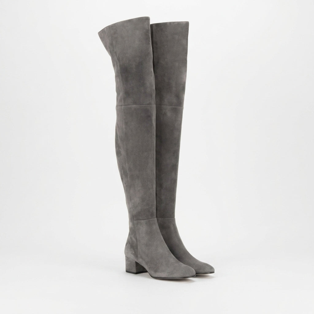Stivali sopra il ginocchio da donna in camoscio con tacco largo e zip laterale, per l'autunno - Grigio