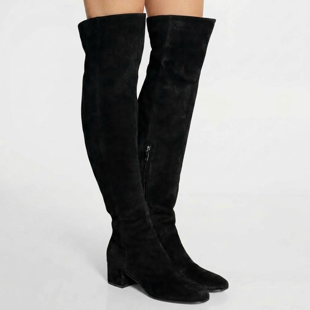 Stivali sopra il ginocchio da donna in camoscio con tacco largo e zip laterale, per l'autunno - Nero