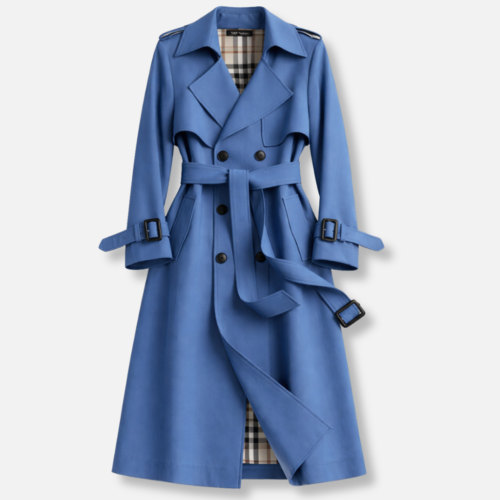 Trench da donna lungo con cintura regolabile e taglio sartoriale, elegante per ufficio e città - Blu