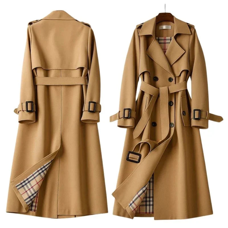 Trench da donna lungo doppiopetto con cintura, elegante per l'ufficio e tutti i giorni - view 7
