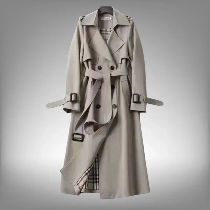Trench da donna lungo doppiopetto con cintura, elegante per l'ufficio e tutti i giorni - Grigio